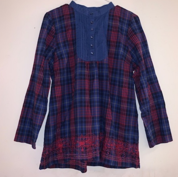 🍏 - Denim & Company sz M Pleated Embroidered Front Plaid Tunic - Picture 1 of 6